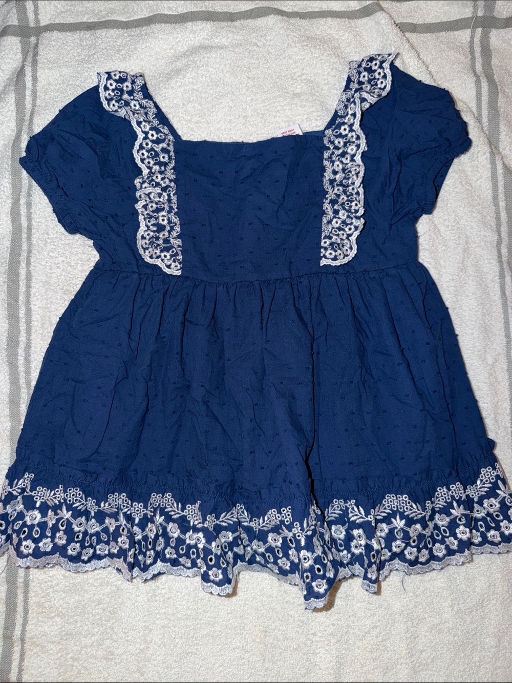 Shabby Chic Navy Top with White Eyelet Trim